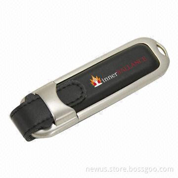Leather USB Flash Memory with Heat Embossed Logo or Color Printing, Full Capacity Chip